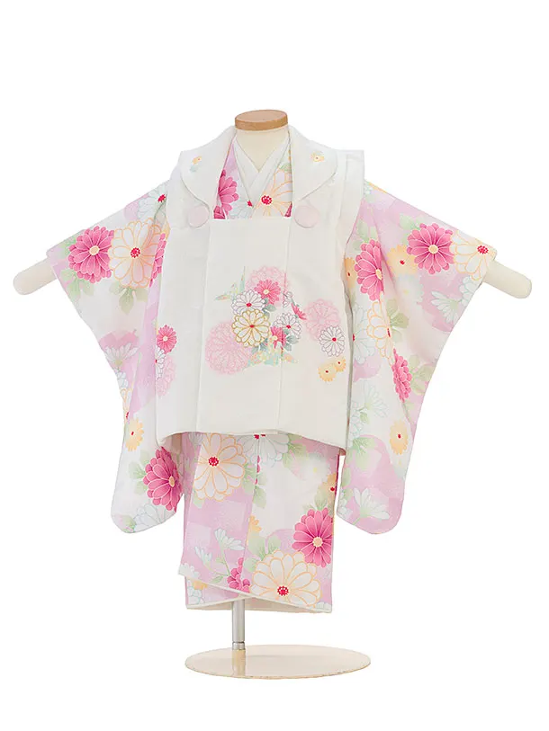 七五三レンタル(2歳女児被布) 0238 オフホワイト×ピンク 雲取りに菊