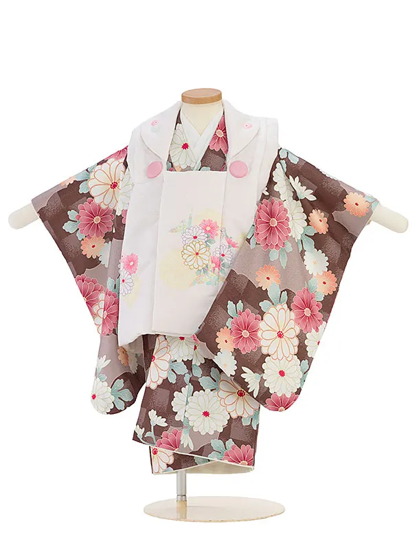 七五三レンタル(2歳女児被布) 0240 薄桜色×茶 雲取りに菊