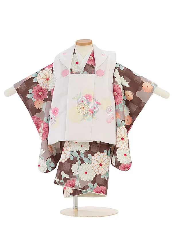 七五三レンタル(2歳女児被布) 0240 薄桜色×茶 雲取りに菊