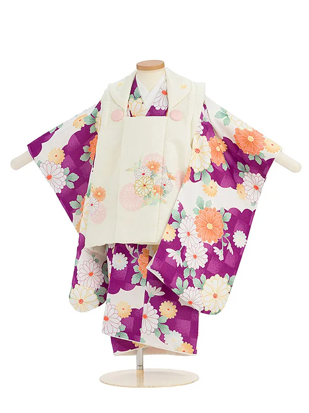 七五三レンタル(3歳女児被布) 0246 クリーム×パープル 雲取りに菊