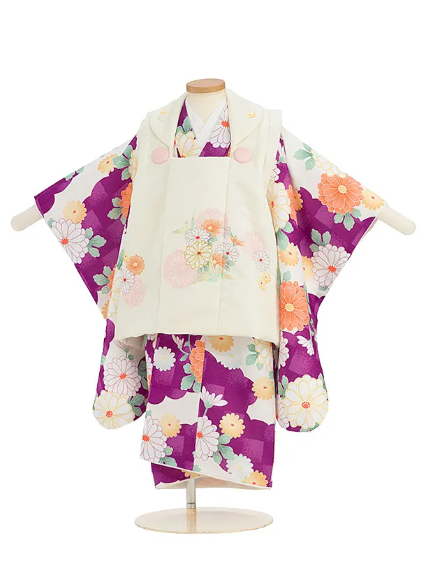 七五三レンタル(3歳女児被布) 0246 クリーム×パープル 雲取りに菊