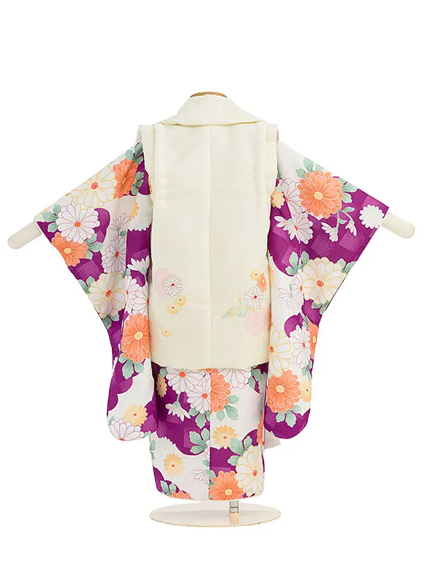 七五三レンタル(3歳女児被布) 0246 クリーム×パープル 雲取りに菊