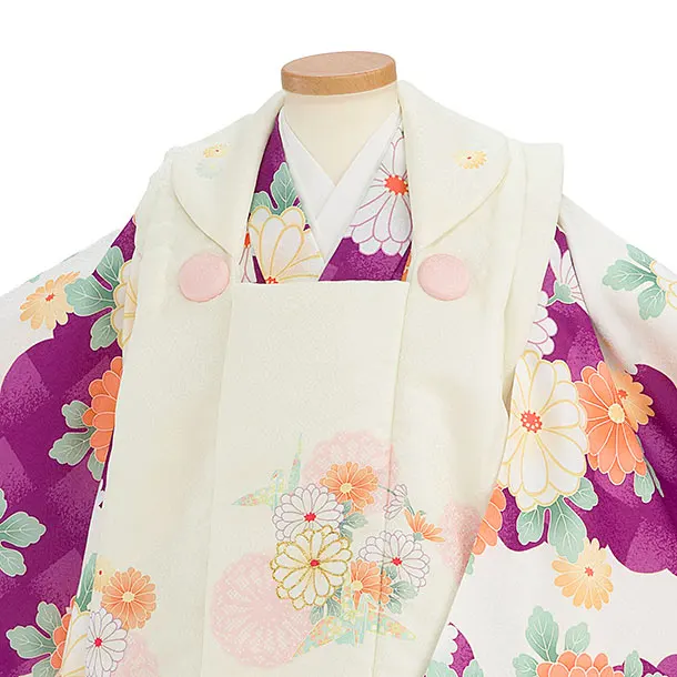 七五三レンタル(3歳女児被布) 0246 クリーム×パープル 雲取りに菊