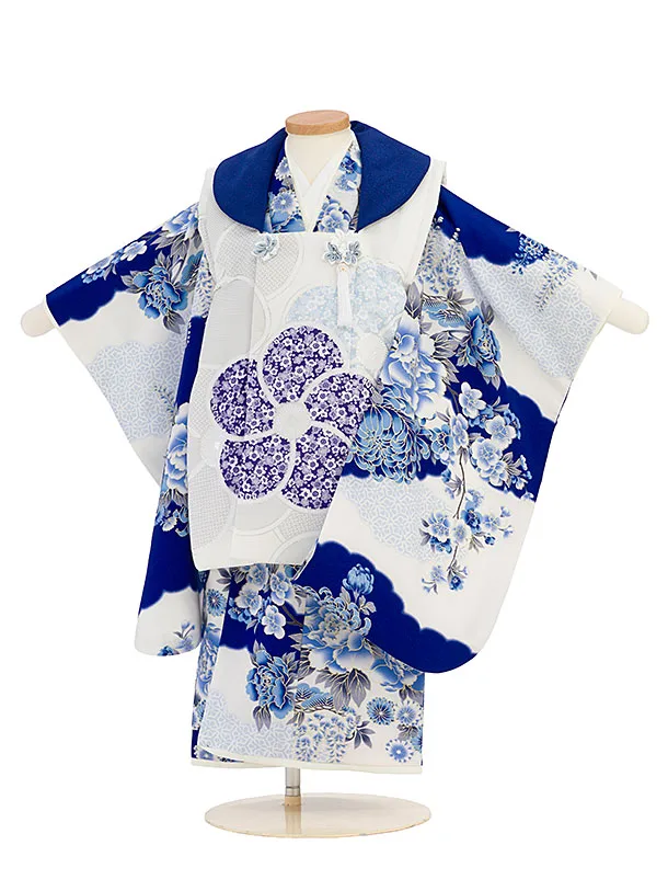 七五三(3歳女児被布) 0254 JAPAN STYLE／白×青 ねじり梅