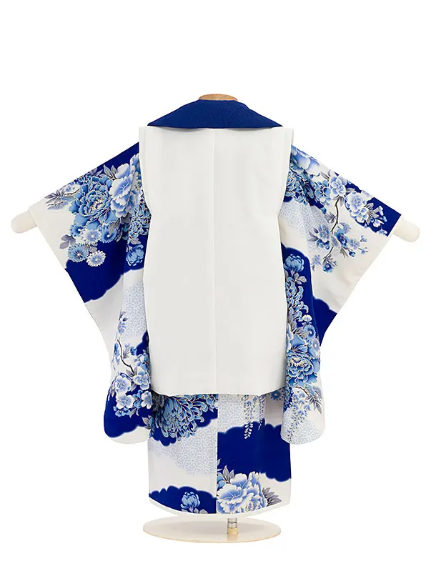 七五三(3歳女児被布) 0254 JAPAN STYLE／白×青 ねじり梅