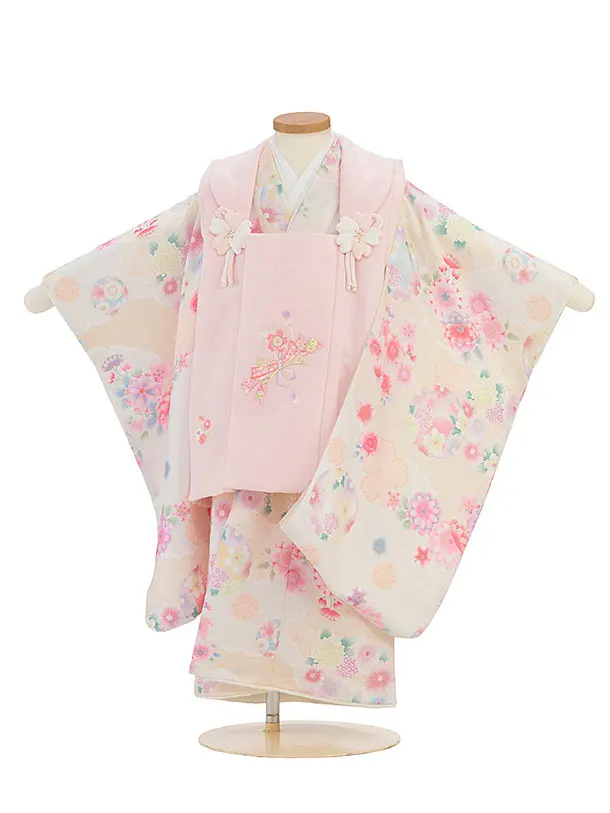 七五三レンタル(3歳女児被布) 0260 式部浪漫／ピンク×オフホワイト 花丸