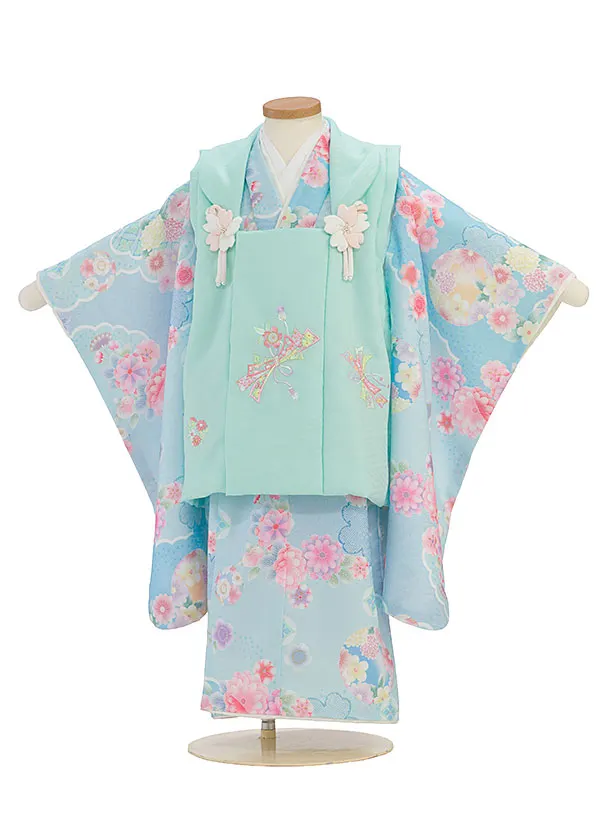 七五三レンタル(3歳女児被布) 0264 式部浪漫／淡青緑×水色 花丸