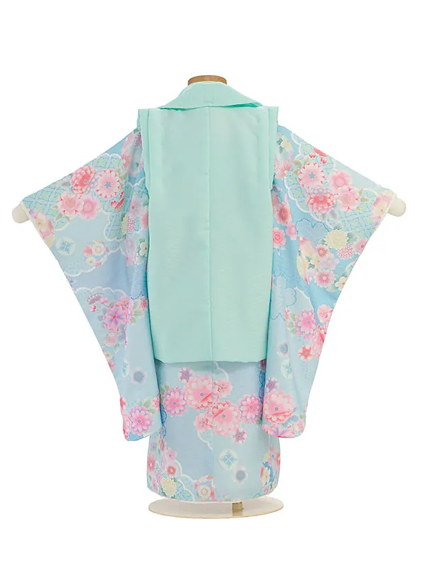 七五三レンタル(3歳女児被布) 0264 式部浪漫／淡青緑×水色 花丸