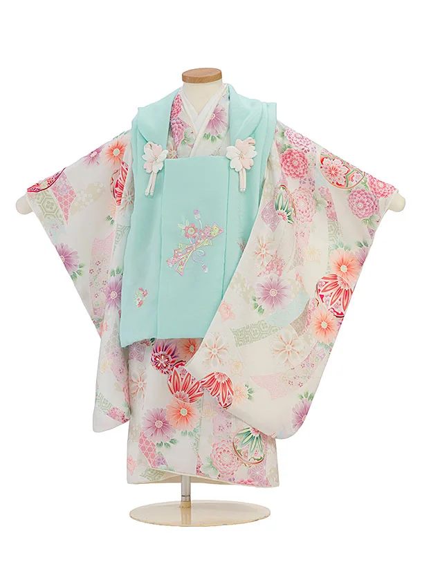 七五三レンタル(3歳女児被布)0265 式部浪漫／淡青緑×オフホワイト 花鞠熨斗