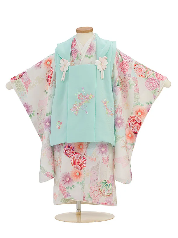 七五三レンタル(3歳女児被布)0265 式部浪漫／淡青緑×オフホワイト 花鞠熨斗