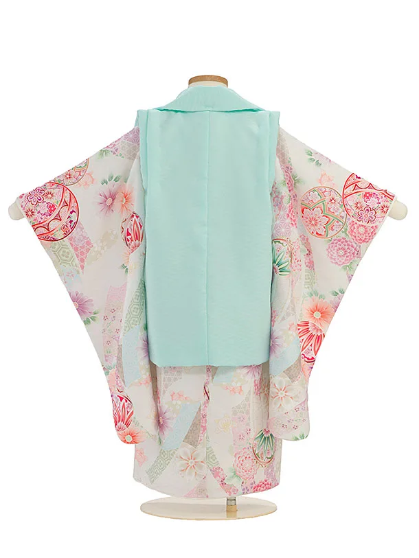 七五三レンタル(3歳女児被布)0265 式部浪漫／淡青緑×オフホワイト 花鞠熨斗