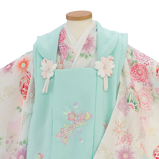 七五三レンタル(3歳女児被布)0265 式部浪漫／淡青緑×オフホワイト 花鞠熨斗