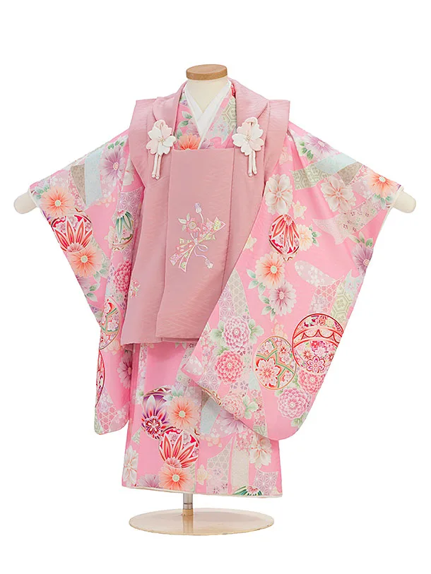 七五三レンタル(3歳女児被布)0266 式部浪漫／くすみピンク×ピンク 花鞠熨斗