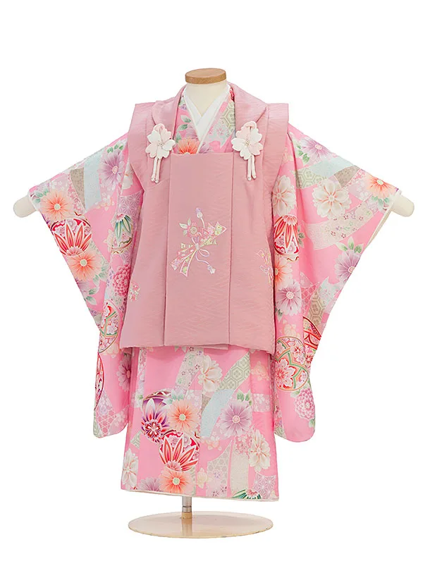 七五三レンタル(3歳女児被布)0266 式部浪漫／くすみピンク×ピンク 花鞠熨斗