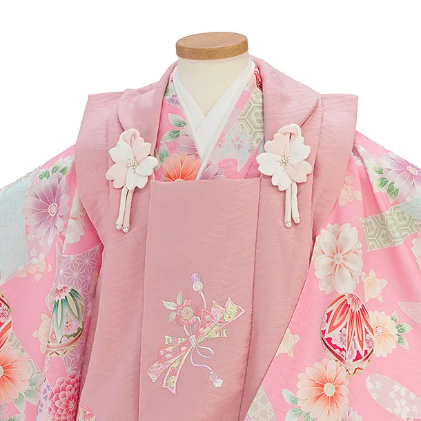 七五三レンタル(3歳女児被布)0266 式部浪漫／くすみピンク×ピンク 花鞠熨斗
