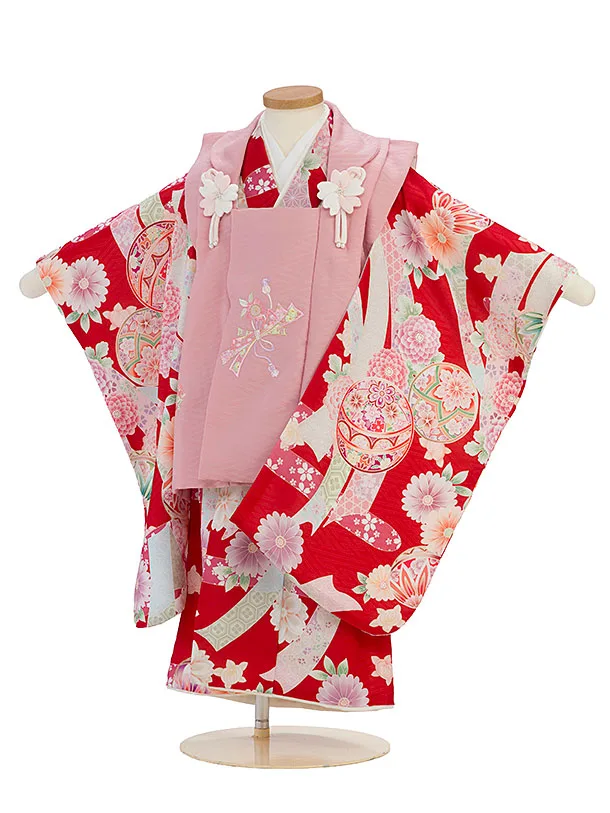 七五三レンタル(3歳女児被布) 0267 式部浪漫／くすみピンク×赤 花鞠熨斗
