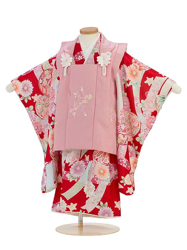七五三レンタル(3歳女児被布) 0267 式部浪漫／くすみピンク×赤 花鞠熨斗