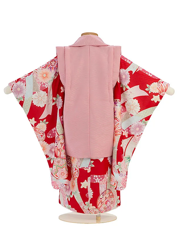 七五三レンタル(3歳女児被布) 0267 式部浪漫／くすみピンク×赤 花鞠熨斗