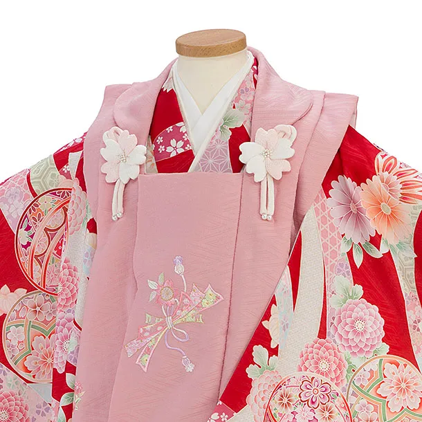 七五三レンタル(3歳女児被布) 0267 式部浪漫／くすみピンク×赤 花鞠熨斗