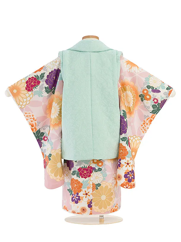 七五三レンタル(3歳女児被布) 0282 花わらべ／淡グリーン×ピンク 菊牡丹
