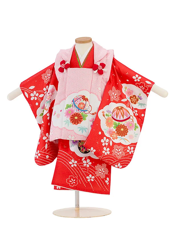 七五三レンタル(2歳女児被布) 0283 ピンク×朱赤 花まり
