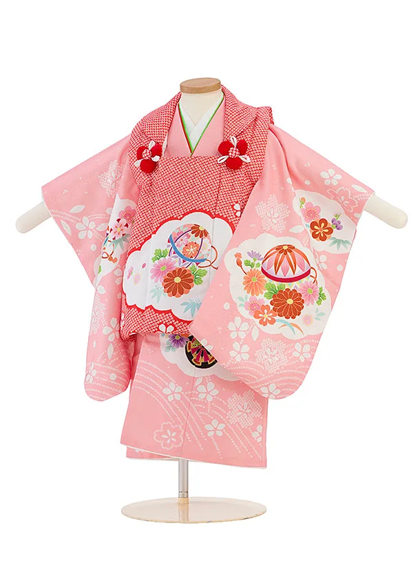 七五三レンタル(2歳女児被布) 0285 朱赤×ピンク 花まり