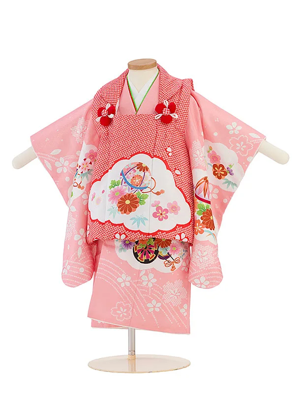 七五三レンタル(2歳女児被布) 0285 朱赤×ピンク 花まり