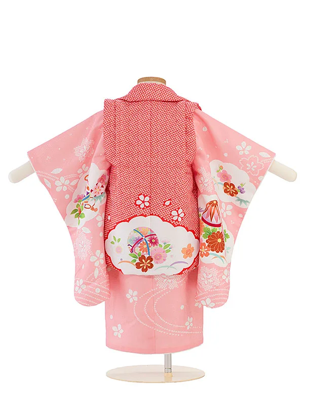 七五三レンタル(2歳女児被布) 0285 朱赤×ピンク 花まり