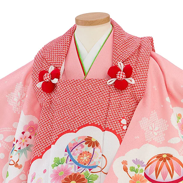 七五三レンタル(2歳女児被布) 0285 朱赤×ピンク 花まり
