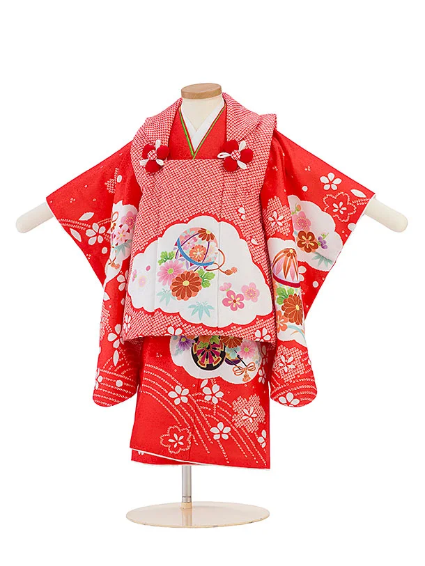 七五三レンタル(2歳女児被布) 0286 朱赤×朱赤 花まり