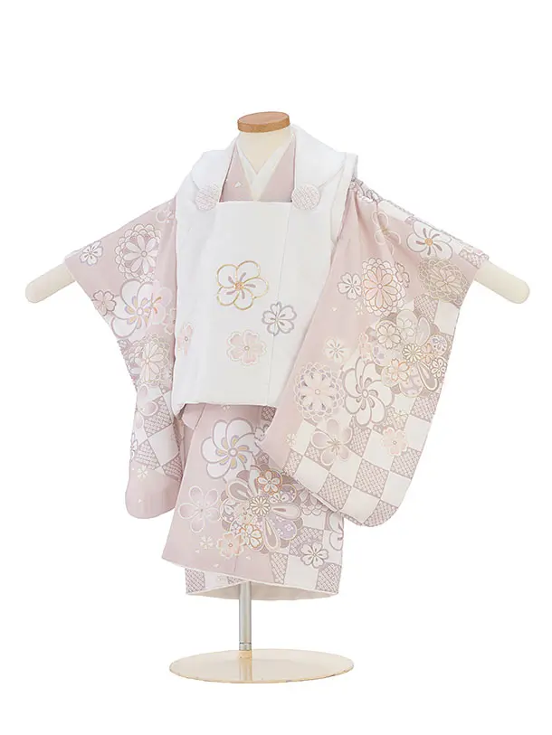 七五三レンタル(2歳女児被布) 0287 白×ピンクベージュ 花市松