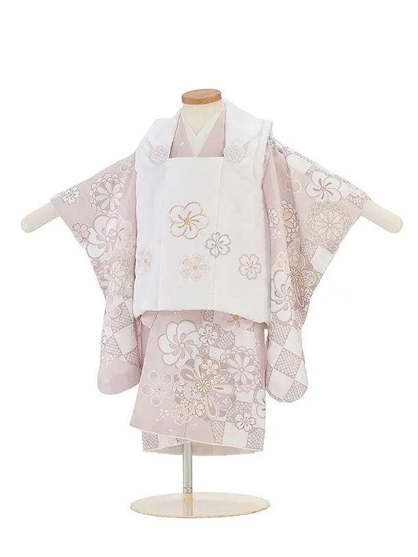七五三レンタル(2歳女児被布) 0287 白×ピンクベージュ 花市松