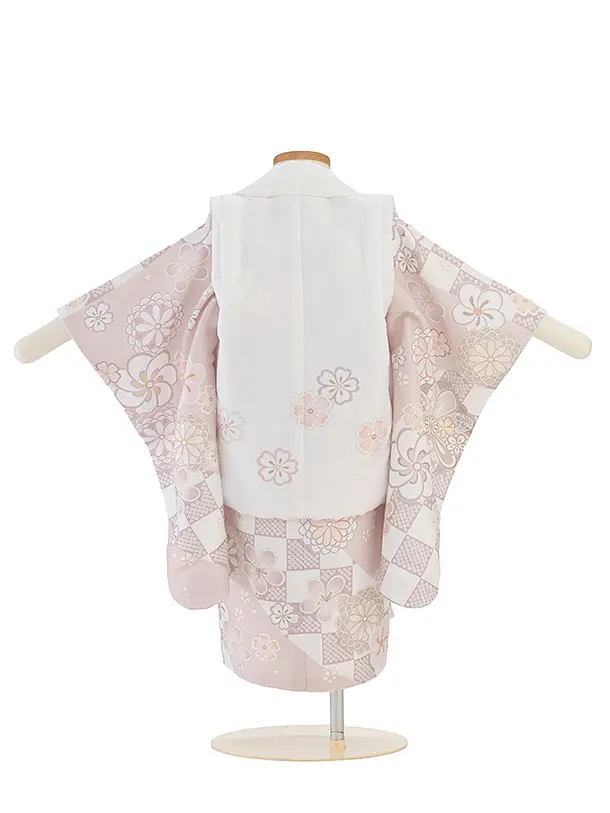 七五三レンタル(2歳女児被布) 0287 白×ピンクベージュ 花市松