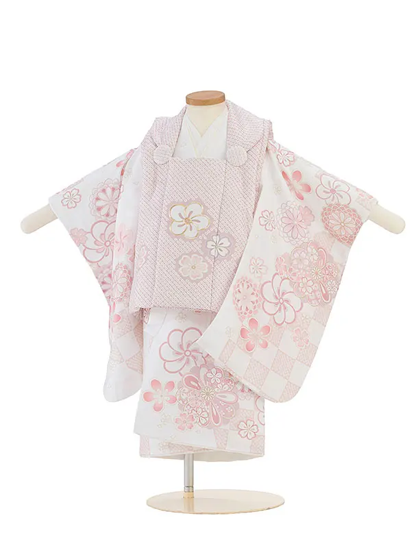 七五三レンタル(2歳女児被布) 0289 ピンクベージュ×白 花市松