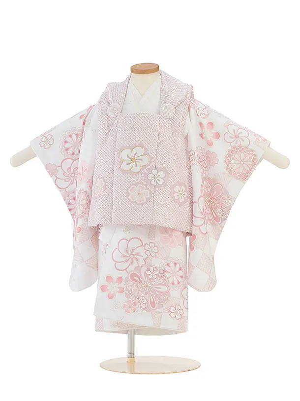 七五三レンタル(2歳女児被布) 0289 ピンクベージュ×白 花市松
