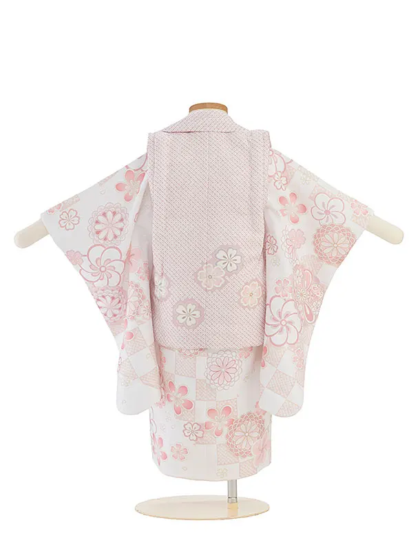 七五三レンタル(2歳女児被布) 0289 ピンクベージュ×白 花市松