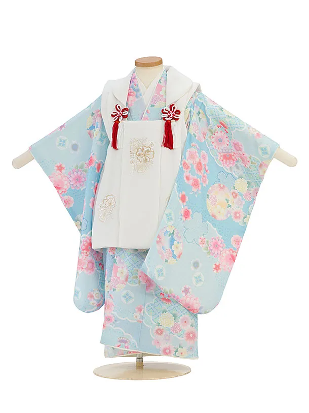 七五三レンタル(3歳女児被布) 0291 白×水色 花華