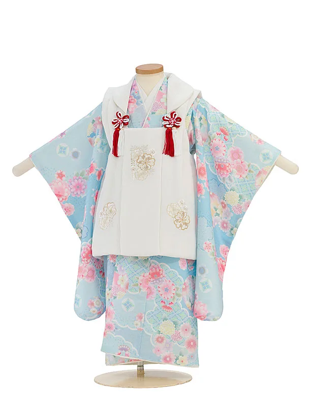 七五三レンタル(3歳女児被布) 0291 白×水色 花華
