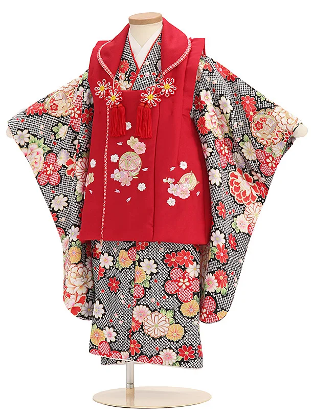 七五三レンタル(3歳女児被布) B538 赤×黒 鹿の子