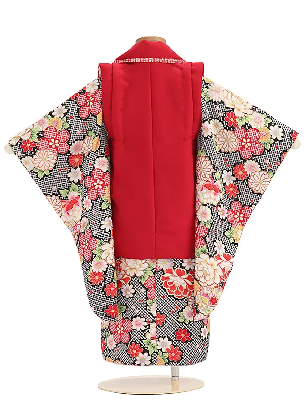 七五三レンタル(3歳女児被布) B538 赤×黒 鹿の子