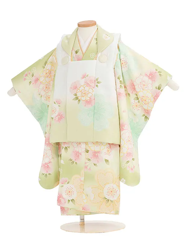 七五三レンタル(3歳女児被布) B600 白黄緑ぼかし×黄緑 桜