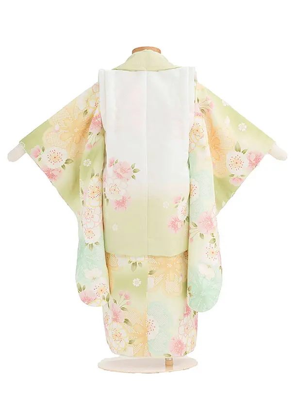 七五三レンタル(3歳女児被布) B600 白黄緑ぼかし×黄緑 桜