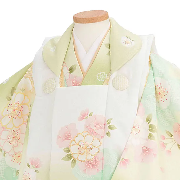 七五三レンタル(3歳女児被布) B600 白黄緑ぼかし×黄緑 桜