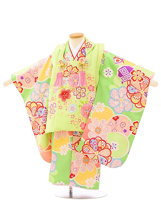 七五三レンタル(3歳女児被布) B609 黄緑×黄緑 桜ねじり梅