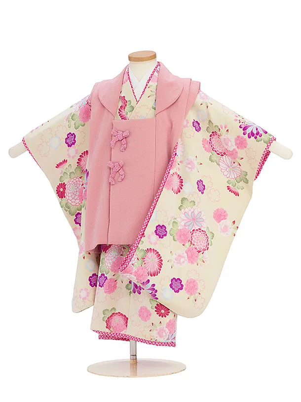 七五三レンタル(3歳女児被布) C070 ピンク×アイボリー 菊牡丹
