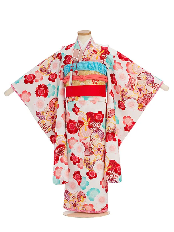 七五三レンタル(6歳7歳女児結び帯) C735 白 桜梅