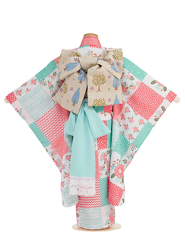 七五三レンタル(7歳女児結び帯) C736 白地 花ドット