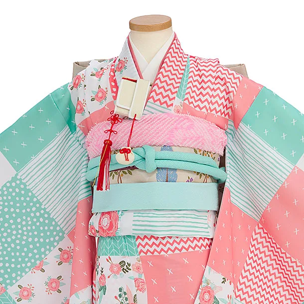 七五三レンタル(7歳女児結び帯) C736 白地 花ドット