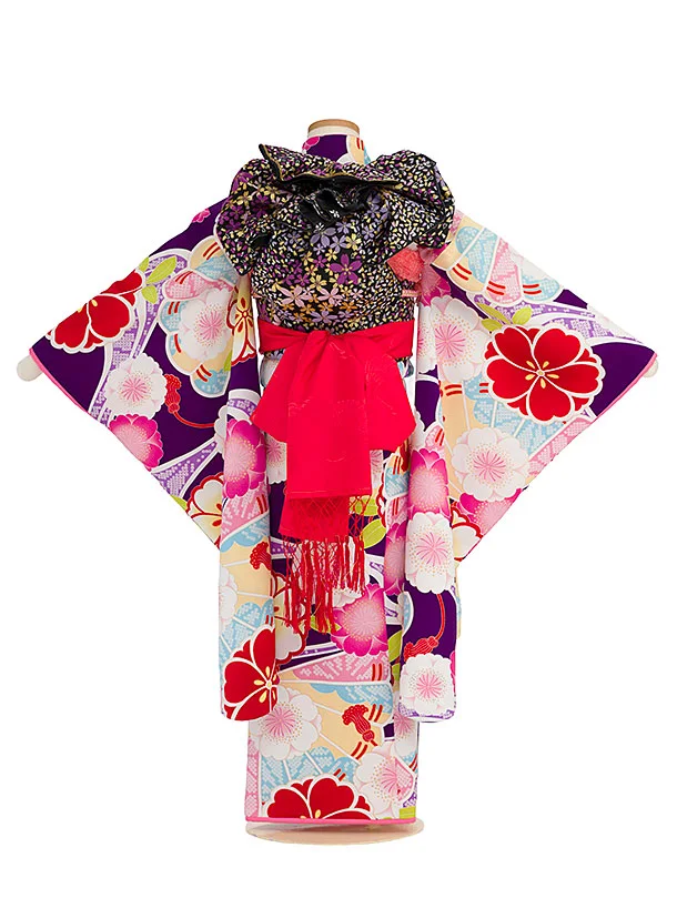 七五三レンタル(7歳女児袋帯) C742 紫 花扇