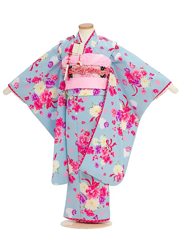 七五三レンタル(6歳7歳女児袋帯) C743 水色 花リボン